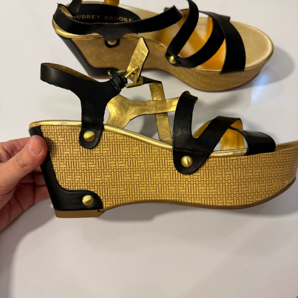 Audrey Brooke Black and Gold Wedge Sandals